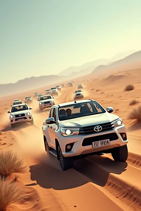 White Toyota Hilux 4x4 trucks in the desert with a pilot achieved his goal 