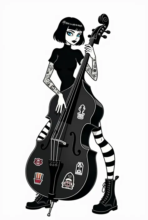 (bw vector illustration, vector style, horror cartoon style:1.4), (black and white only:1.5),(black inking, flat colours:1.5), gorgeous and lustful vampire female playing on big double bass, punky stickers on double bass, (evil face, evil smile, fangs), co...