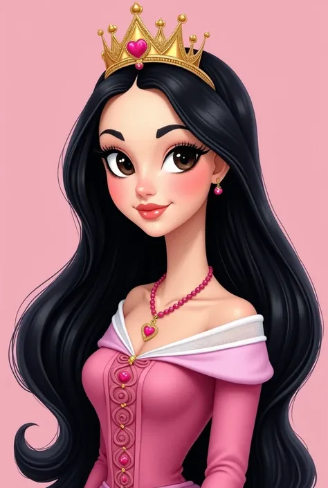  Painting of the cartoon monalisa , with dark eyes,  with very long black and very smooth hair,  logo with a pink heart necklace , princess crown, pink background, that serves as a , illustration, drawn