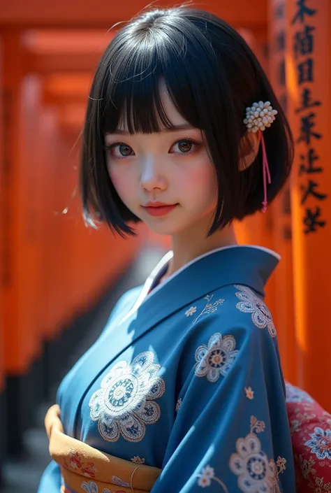 (Best Quality,4K,8k, high resolution on down,masterpiece:1.2), very detailed,(Realistic,photoRealistic,photo-Realistic:1.37),Maiko,（ full body）、Textured straight ultra-short bob haircut、Nipples、Small breasts、A frosty gaze 、 Perfect Anatomy、 faces with a de...