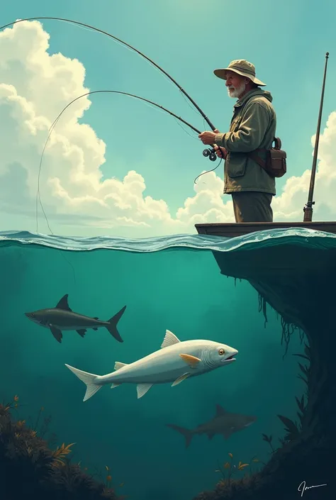  fisherman fishing for a catfish,  catfish glane albino , stingray and shark   