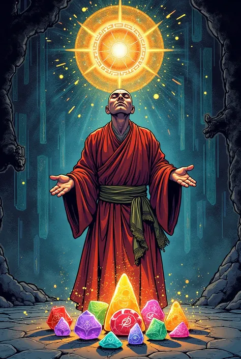 Monk invoking ancient God using shiny stones with comic style symbols in ink and color