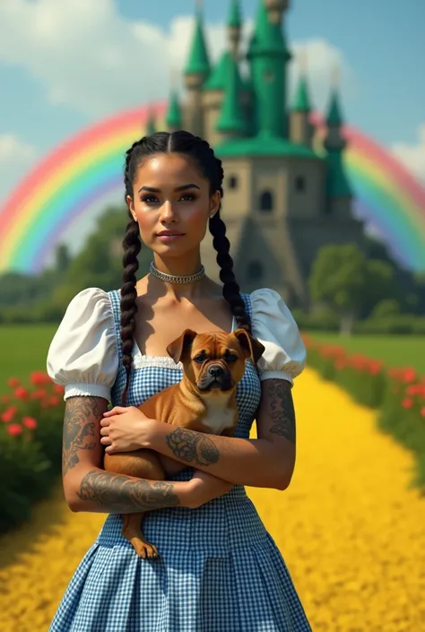 A gorgeous tan tattooed white young female, flawless makeup, Smokey eyes, luscious lips, gloss lips, she looks like Dorothy from the Wizard of Oz, she is holding Toto in her arms, background is the emerald castle and the yellow brick road, rainbow is in th...