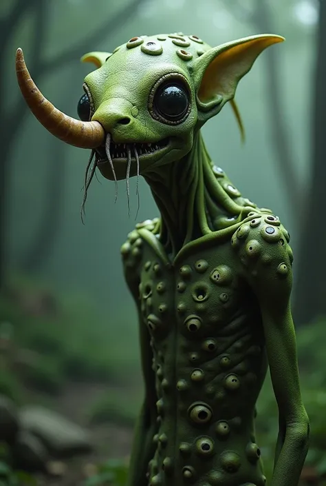 A thin green being with horns coming out of his jaw with all the skin on his body covered with half-open eyes