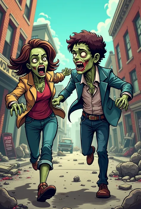 zombie crisis，cartoon，A female zombie follows a man