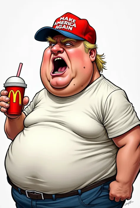 caricature d’un americain pro trump enrobé avec un air idiot avec le ventre qui dépasse du tshirt dessin facon charlie hebdo avec une casquette make america great again et il a un cup mcdo dans la main en train de crier de façon énervé 