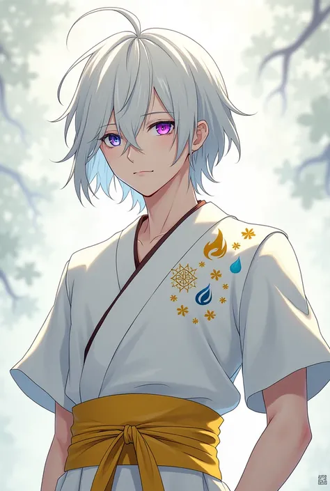 a man with pale white skin, and shoulder-lenght snow-white hair, with heterochromia eyes one purple eye and one blue eye, wearing a short sleeved white kimono, with a golden yellow waistband, that has the symbols of the elements fire, water, earth, and air...