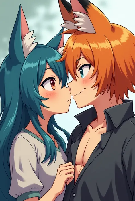 Anime cat girl with blue and teal hair and a super enormous chest sucking the dick of an anime fox boy with orange hair 