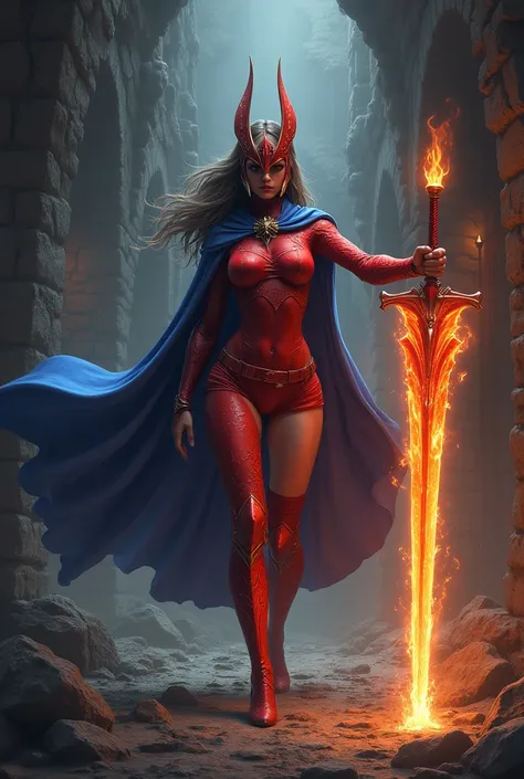 Red suit　 Sword of Fire    　 Female warrior　     Inside the Dungeon  　   shield is flame shield 　  helmet 　 long boots and miniskirt　 blue cloak