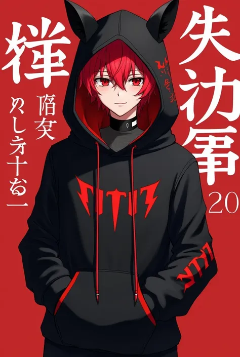 Male anime character with a black fleece hoodie with black ears and with red the hood is worn on his head red hair with black red eyes with a full red and black outfit the dress has some Japanese letters 