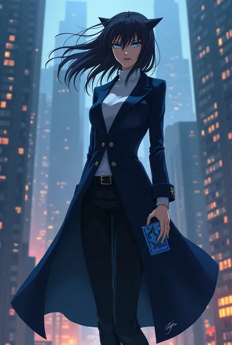 Seto Kaiba, now an imposing, confident woman, stands on the rooftop of a skyscraper, her long, dark coat billowing in the wind. Her sharp, piercing eyes and cool, calculating expression convey her unshakable resolve. She wears a tailored white turtleneck u...