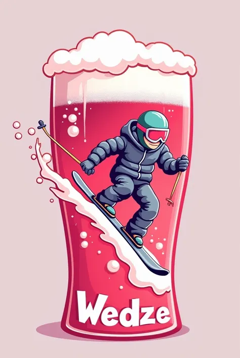 Logo of WEDZE trademark cointaining skier going down the slope beeing a beer foam, whole beer glass should be visible on image. Use pink colour and funny font