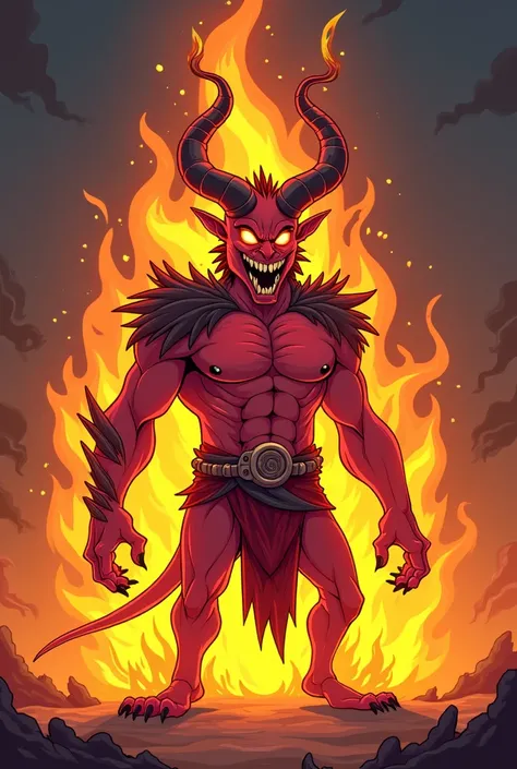 Cartoon network, cartoon, 2d draw, cute, animation, toon, demon lord, burning, great horns, no clothes, flames