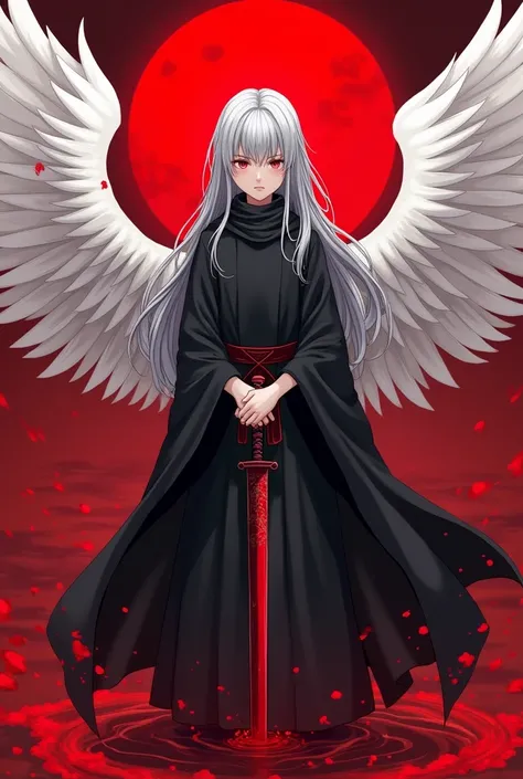 A young boy with a feminine face and long gray hair ,  dressed in a long black cloak and with large white wings with blood stains, standing in the middle of the scarlet ocean , Holding a samurai sword in his hands