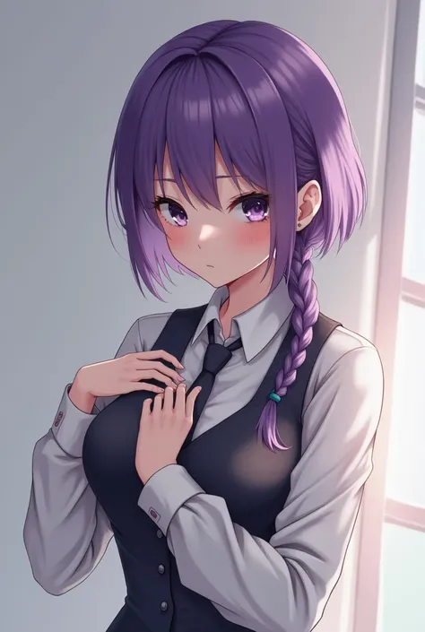 1 girl, Alone, blows, blush,  hand on the chest , mantarraya jill,  long sleeves ,  looking at the spectator, CABELLO MORADO,  medium breasts, tie, shirt, Alone,  upper body, vest,  barman, vest, white shirt,