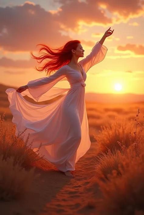 Beautiful red-haired woman dancing with the sunrise 