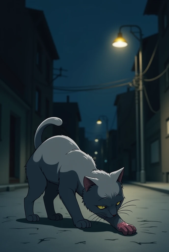  The cat with a small wound on one of its legs,  under a faint streetlight ,  licking its paw in pain , In the middle of the night, color gray the cat , realistic. 