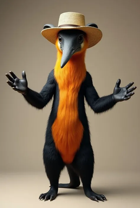 A anteater, with an orange and black fur, standing, arms open and straight out to the sides at shoulder height, wearing a straw hat, realistic photo , seen from the front