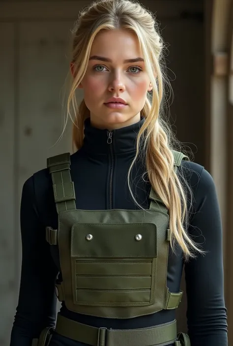 myrcella Baratheon,ponytail with bangs, black zip-up pullover, army bulletproof plate carrier vest