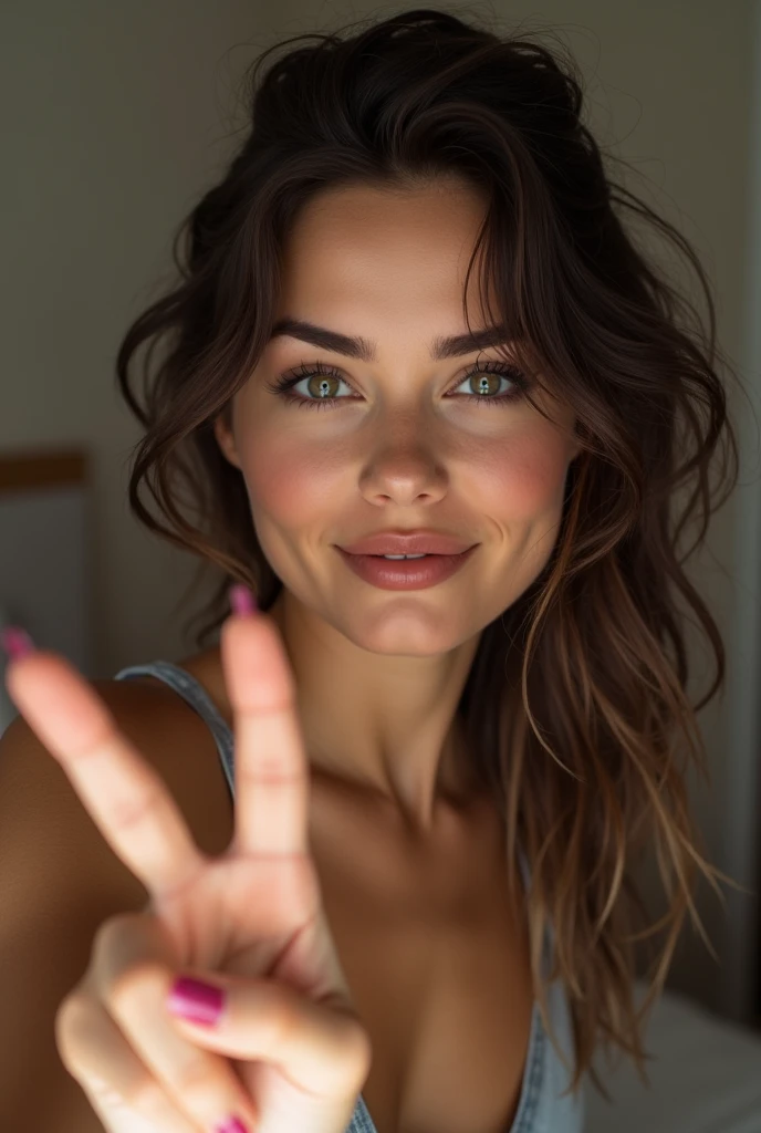 brunette french looking sexy girl showing peace sing in a selfie and smiling very realistic 