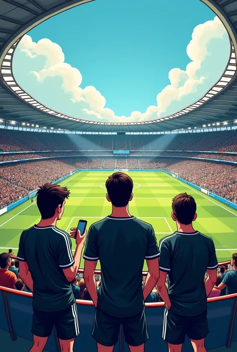 Creation of a comic image inside a soccer stadium:  the first with three fans wearing black and white jerseys on their backs , Inattentive with cell phones in their pockets