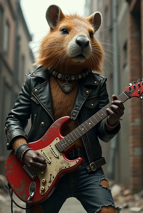 A realistic image of a capybara dressed in punk rock style playing a guitar.