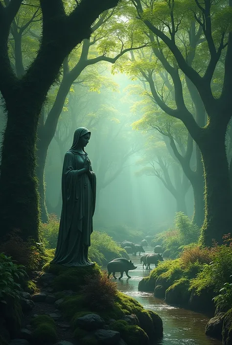 ((Best Quality)), ((masterpiece)), (  Details), In a mysterious magical forest, ancient trees and strange plants form a magical world, with dense tree cover of vibrant greenery, light shines through the trees, Light in the Forest. A picture of grace of St....