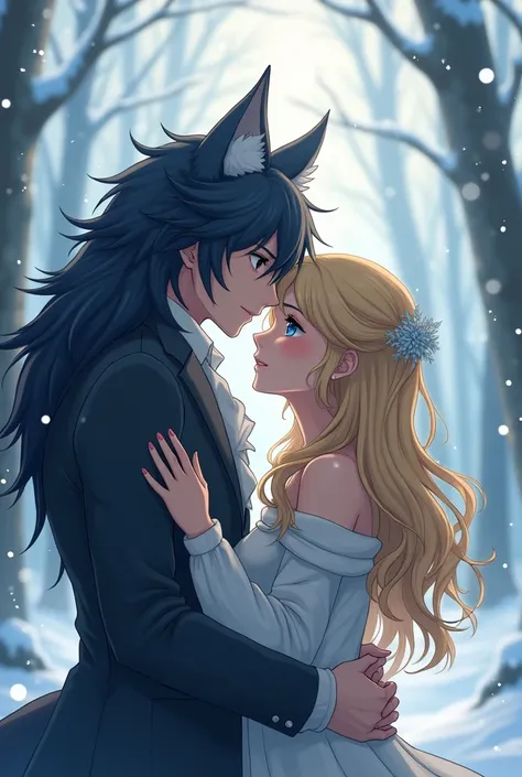  Handsome teenage man with blue eyes and wolf ears and messy hair with 7 ends, hugging his beautiful violet-eyed blonde wife , In the snowy forest anime style  