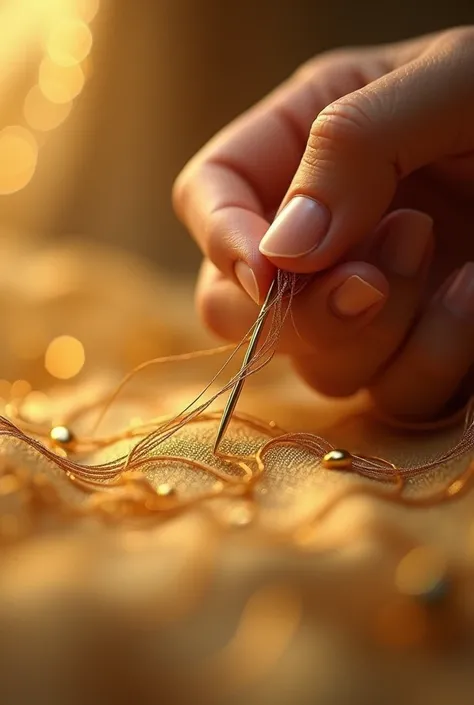 A hand placed three gold threads on a gold needle