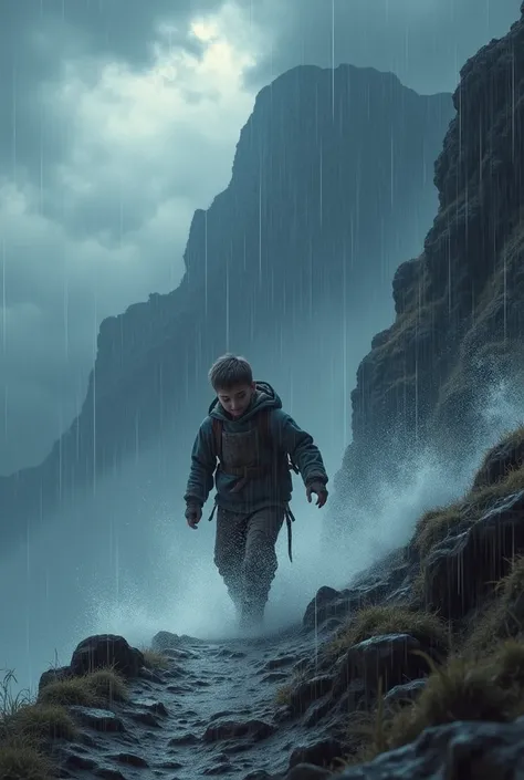 5. A fierce storm rages as the boy struggles to continue his climb. The wind howls, and heavy rain falls, but the boy presses forward with determination. The mountain path is slippery, with dark clouds looming overhead.