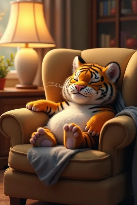 create a hyper realistic image of chubby tiger cub with a round belly and tiny paws, leaning back in a comfy armchair, fast asleep with its head tilted back and mouth slightly open. The cubs paws dangle over the armrests, and a small blanket is draped over...