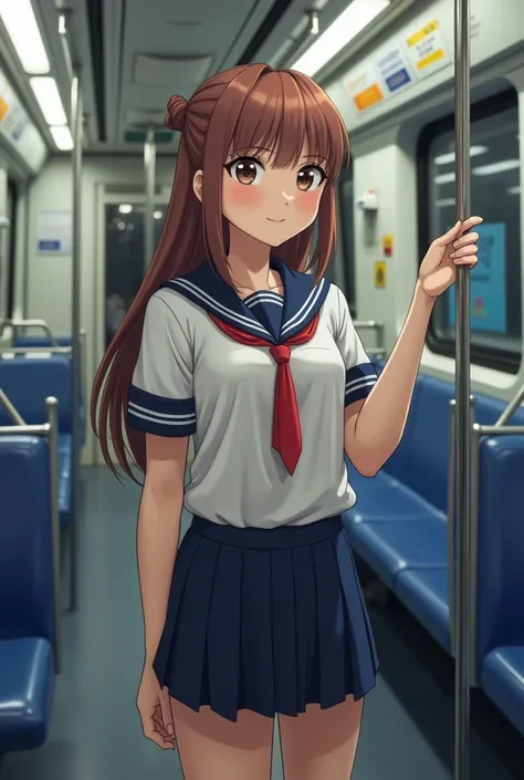 A cute high school girl in uniform who has been victimized by molestation when her uncle touches her butt on the train