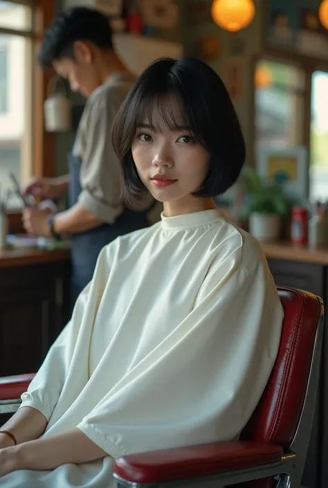 (Best Quality,4K,8k, high resolution on down,masterpiece:1.2), very detailed,(Realistic,photoRealistic,photo-Realistic:1.37),Thai beauty in her 20s , full body、 sitting on a haircut chair 、Sitting with knees apart、 textured straight short bowl-cut hair wea...