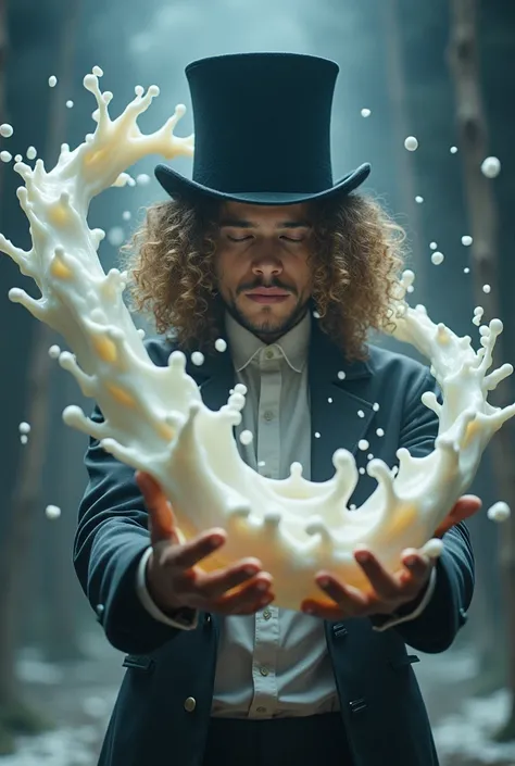 Do very powerful magic with curly hair using a top hat manipulating milk with your hands