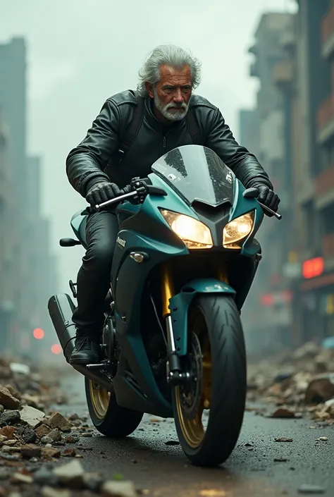 Grey haired old man riding a Kawasaki Ninja through apocalyptic cityscape 