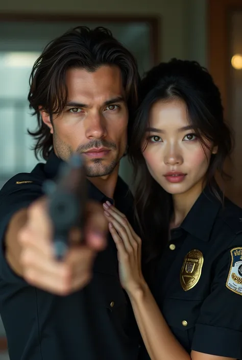 A handsome young man, henry cavills facial and body features, with a soft, cute touch, grey smoky eyes long hair tied in a ponytail. Pointing a gun.
Wearing a black shirt, an Asian beauty, super gorgeous, standing behind him, wearing an american police uni...