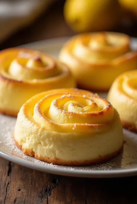 Lemon Cheesecake Rolls , The lighting is warm and inviting, with a slight grainy texture that mimics the aesthetic of an old camera without any blur. The presentation is casual yet appealing, showcasing the dishs homemade charm. --ar 2:3 --iw 3 