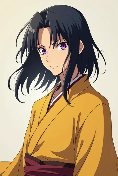 anime naruto,  clan uchiha , purple eyes, hair that reaches his shoulders,  color jet, YELLOW KIMONO, that measures 1.49