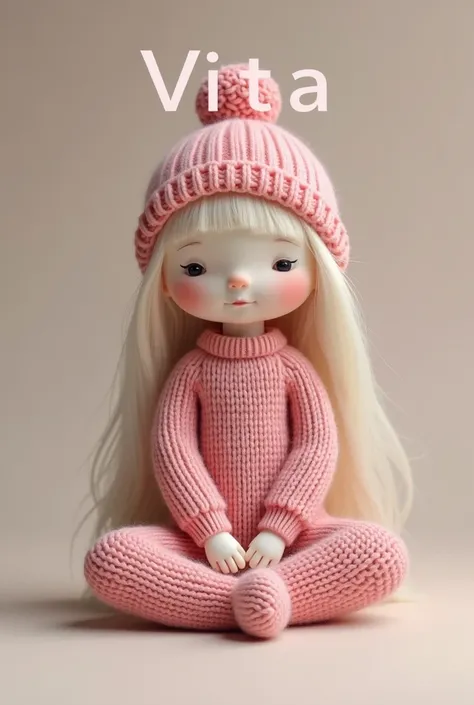  Doll with pink wool sweater and pink wool pants,  with a pink wool hat and that she is sitting, That the name Vita is in large 