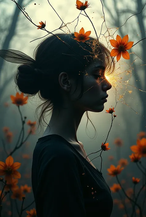 silhouette of a stingless bee, dark flowers, A hauntingly beautiful image of a person with a broken soul, depicted through a fragmented and shattered mirror. Ultra-detailed, realistic, photorealistic Cinematic, photorealistic, realism, By Sasan