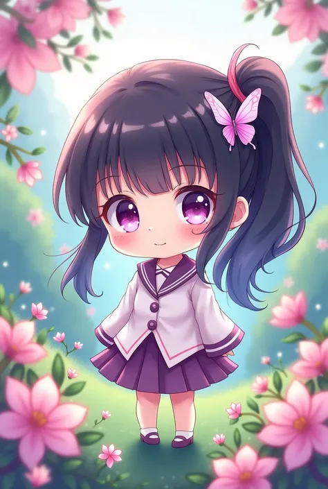 1girl,cute,kawaii,lovely,pleated skirt,flowers,serene,artstyle,chibi,cute,chibi body,cute eyes,large anime eyes,  Vivid color palette,kanao tsuyuri, black hair, butterfly, butterfly hair ornament, purple eyes, side ponytail, ponytail,