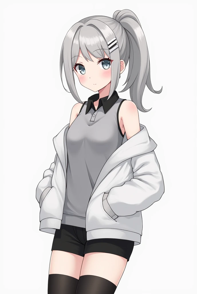 ,sleeveless shirt, grey shirt, 1girl, grey hair, two-tone hair, collared shirt, grey eyes, side ponytail, (doyagao:1.4), hairclip, white hair, hood down, white jacket, hooded jacket, black shorts, sidelocks, black thighhighs,smile