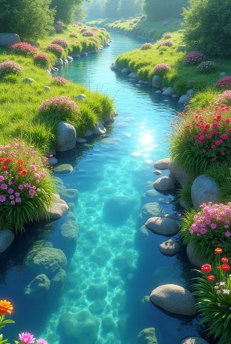 An expansive sparkling river of crystal clear waters ,  amidst a beautiful garden of green grass and lots of flowers.