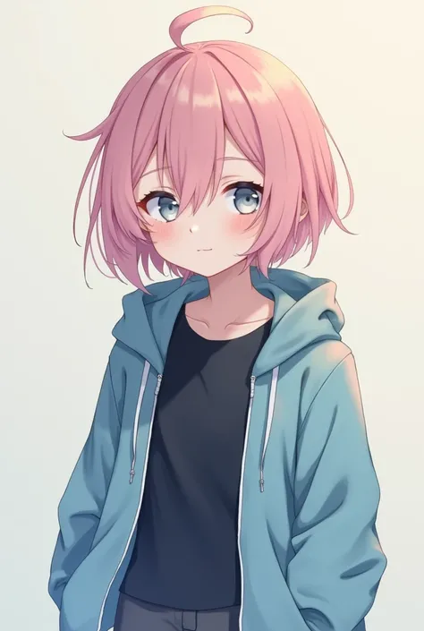 (anime) Boy with pastel pink hair that reaches his neck .  He has silver eyes and wears a blue jacket with a black shirt underneath in addition to pants.