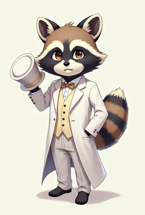 A anime man mixture of raccoon wearing white three piece suit and a magician  white cap and holding his cap 