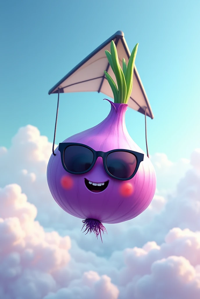 Draw a purple onion wearing sunglasses and smiling floating on a hang glider