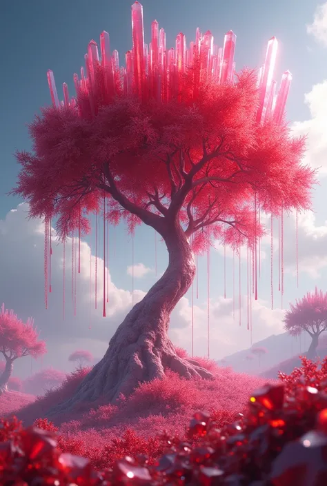 (photorealism:1.2), Tree on sky which stem and leaves our made with ruby red crystals and these crytals fall on the sky land 