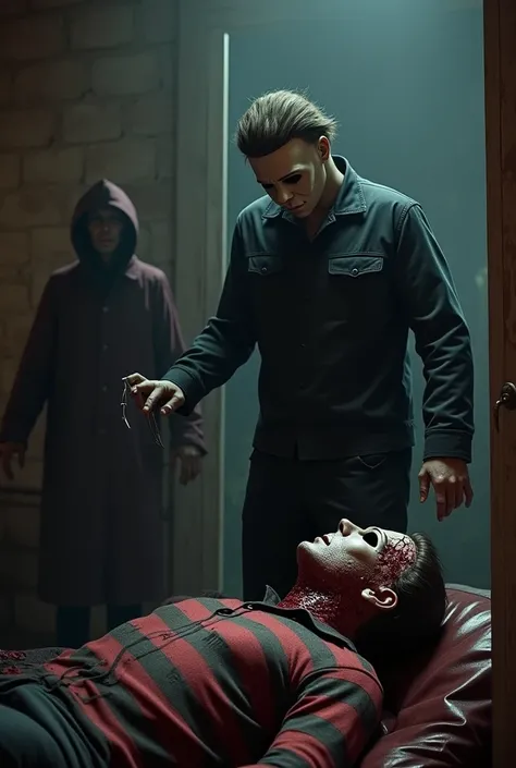 I want you to create an image of two horror movie characters One Michael Myers and the other is Freddy Krueger in this image I want Freddy Krueger to be headless and lying on the floor and Maicon Maias coming out from close to the body