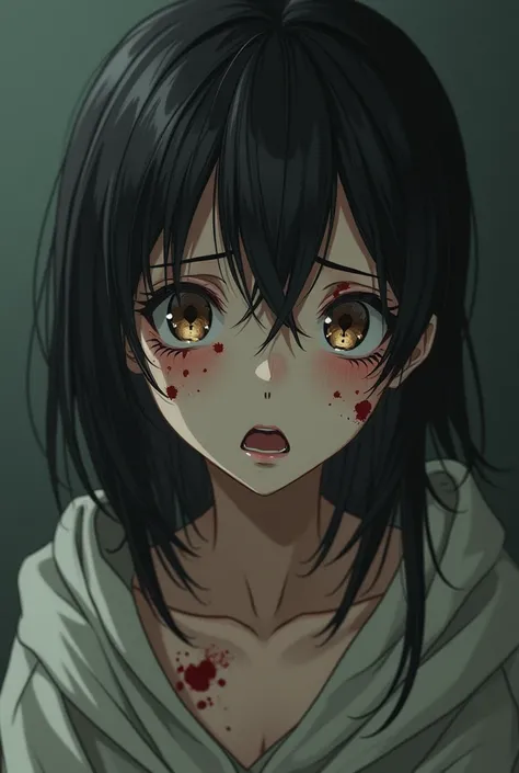  Tender ,  fragile woman ,  with dirty ,  dark hair , Eyes dressed brown .  Wrapped with a semi-transparent cloth ,  scars and bruises all over the skin,  eyes wide open in fear ,  anxious , Anime Style