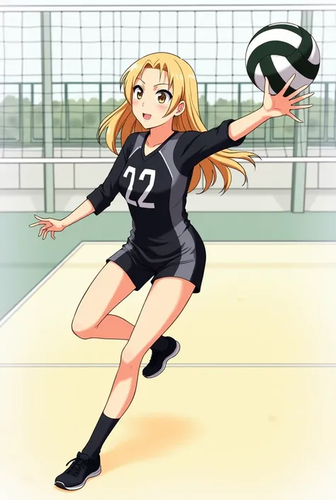  You can draw a blonde volleyball player with light brown eyes in a black uniform with gray and her number #22 with a volleyball the drawing make it easy to draw do it posing 